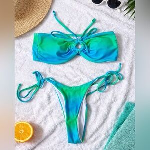 Blue Green Ombre Bandeau Bikini Set Ring Detail Tie Side Bottom S